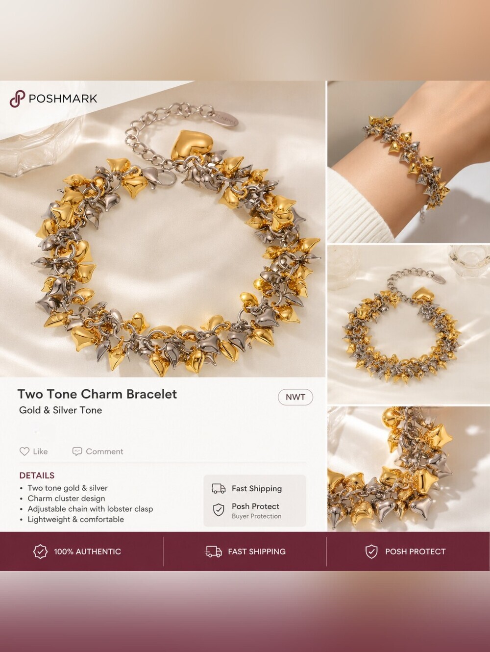 Luxury Two-Tone Gold and Silver Puffy Charm Bracelet